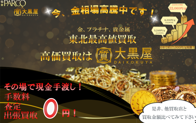 金相場高騰中！貴金属の高価買取は大黒屋仙台パルコ店へ！